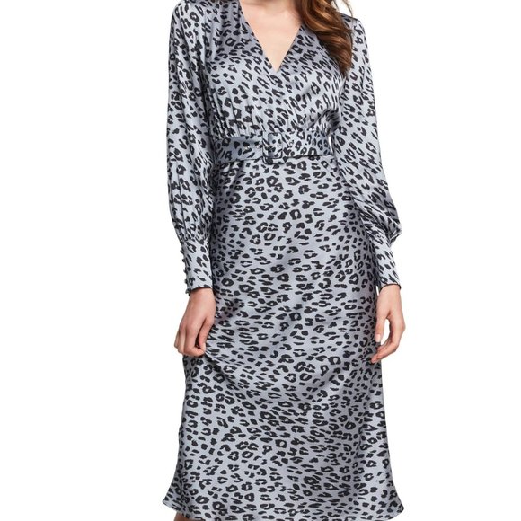 Bardot V-Neck Satin Animal Print Dress XS 0 2 4 Grey Black Silver Belted Short - Picture 1 of 7